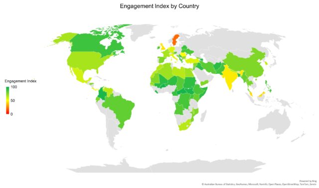 map of the world presenting variation in engagement index between countries, illustrating geographical survey analysis