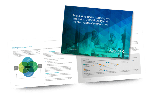 Agenda Consulting's new white paper on wellbeing and mental health displayed in a spread-out mock-up format. 